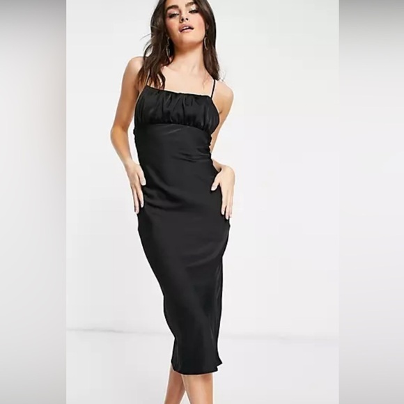 ASOS Women Maxi Slip Dress XS Black Bodycon Ruched Top Cocktail Party Preppy - Picture 3 of 10